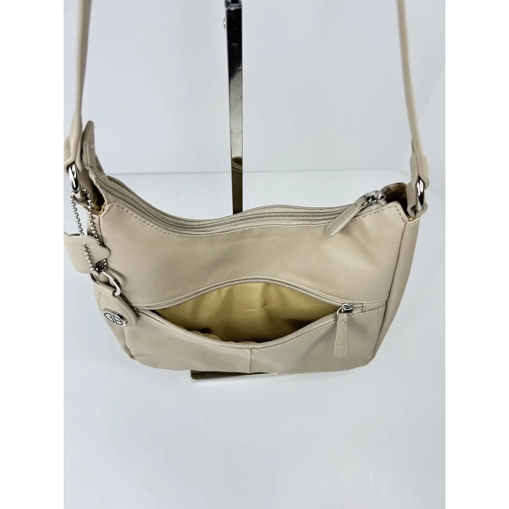 Giani Bernini Nappa Leather Hobo Beige Shoulder Zip Top Handbag Bag Silver Purse